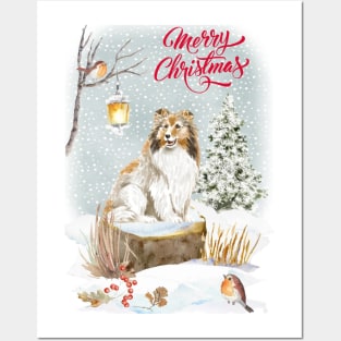 Sheltie Dog Merry Christmas Santa Dog Holiday Greeting Posters and Art